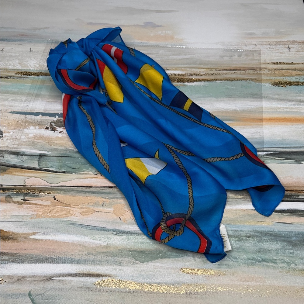 Berkshire Blue Square Polyester Scarf with Red and Yellow Nautical Accents